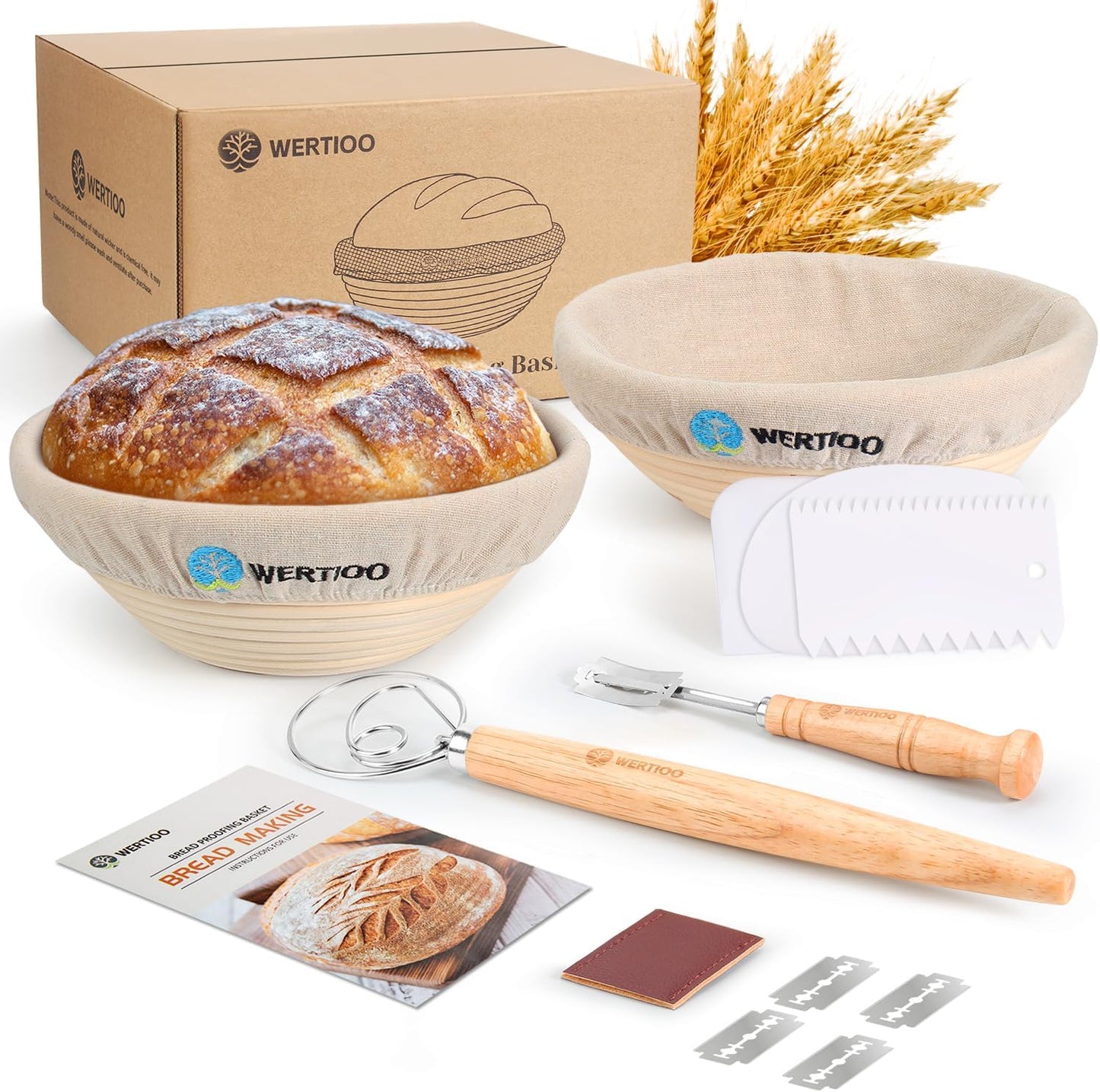Sourdough Bread Baking Supplies, Sourdough Starter Kit, 2 9 Inch Round Banneton Bread Proofing Basket with 24 Oz Glass Jar, Sour Dough Tools with Danish Dough Whisk & Scraper