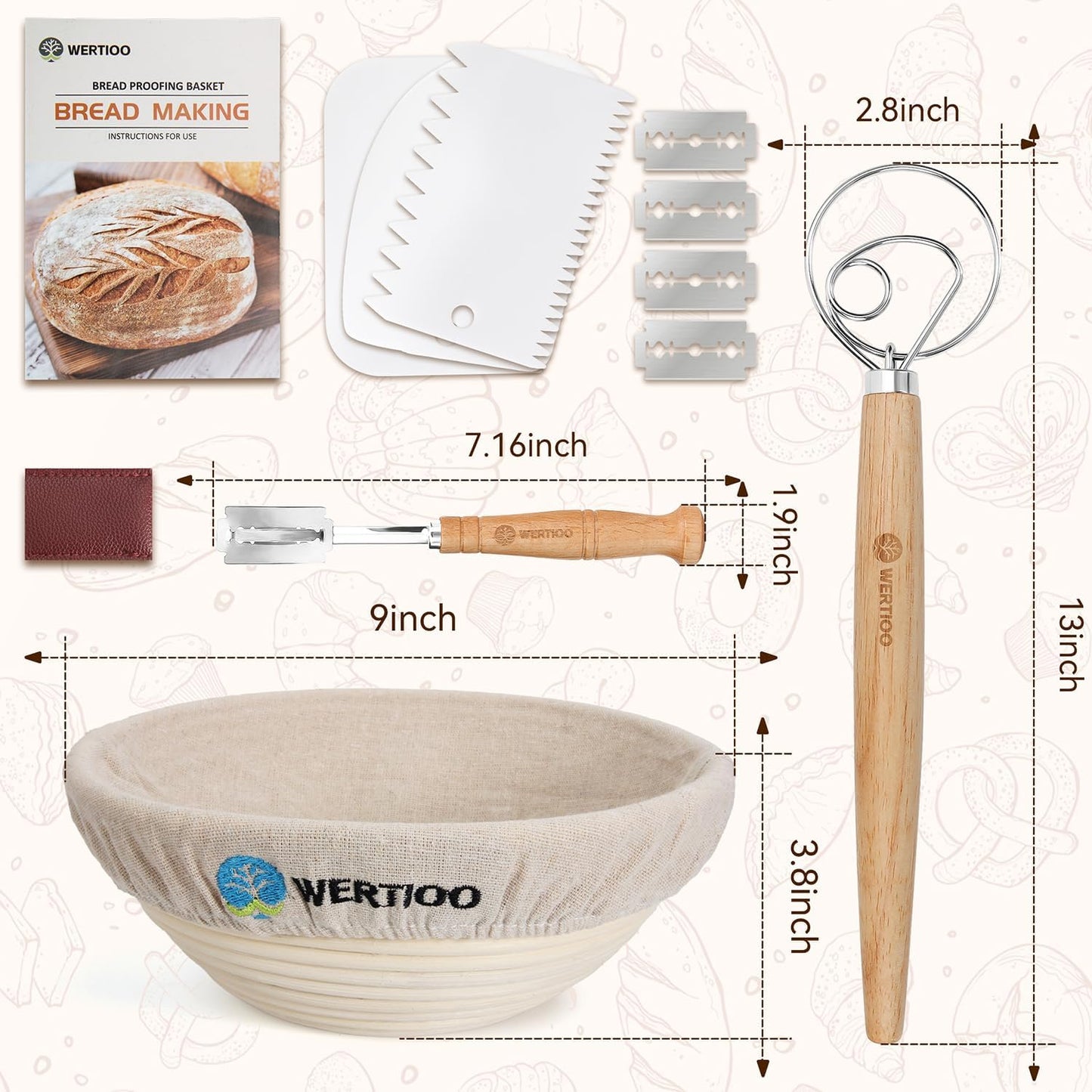 Sourdough Bread Baking Supplies, Sourdough Starter Kit, 2 9 Inch Round Banneton Bread Proofing Basket with 24 Oz Glass Jar, Sour Dough Tools with Danish Dough Whisk & Scraper