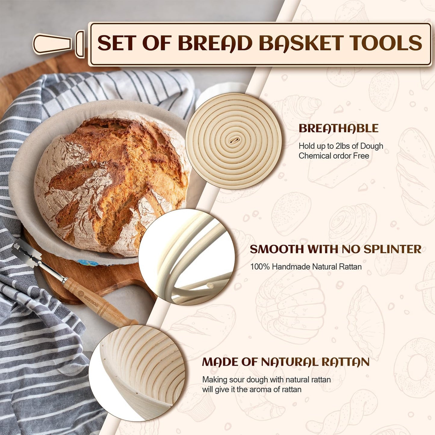 Sourdough Bread Baking Supplies, Sourdough Starter Kit, 2 9 Inch Round Banneton Bread Proofing Basket with 24 Oz Glass Jar, Sour Dough Tools with Danish Dough Whisk & Scraper