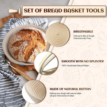 Sourdough Bread Baking Supplies, Sourdough Starter Kit, 2 9 Inch Round Banneton Bread Proofing Basket with 24 Oz Glass Jar, Sour Dough Tools with Danish Dough Whisk & Scraper