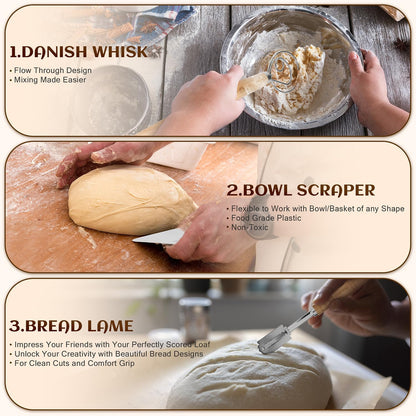 Sourdough Bread Baking Supplies, Sourdough Starter Kit, 2 9 Inch Round Banneton Bread Proofing Basket with 24 Oz Glass Jar, Sour Dough Tools with Danish Dough Whisk & Scraper