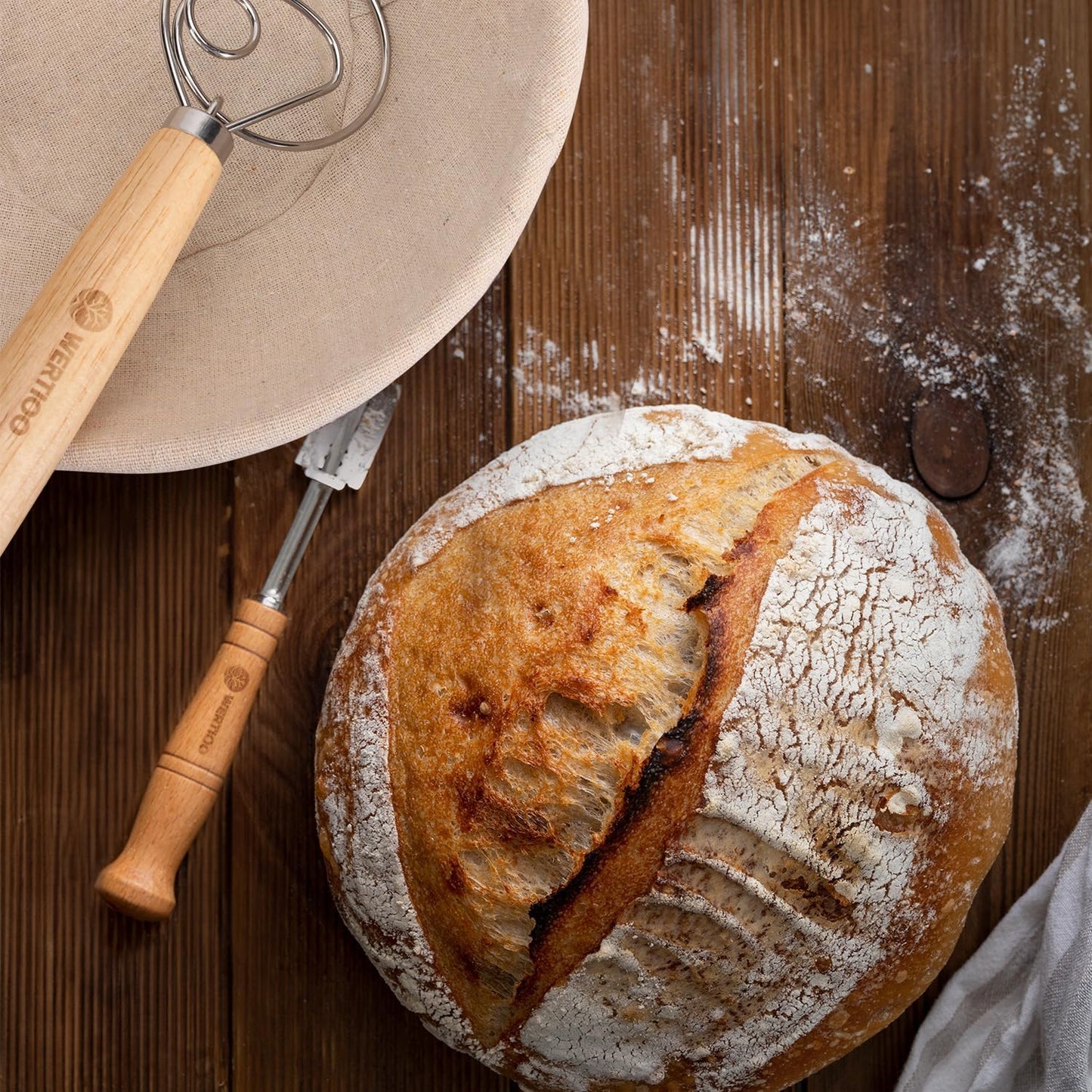 Sourdough Bread Baking Supplies, Sourdough Starter Kit, 2 9 Inch Round Banneton Bread Proofing Basket with 24 Oz Glass Jar, Sour Dough Tools with Danish Dough Whisk & Scraper