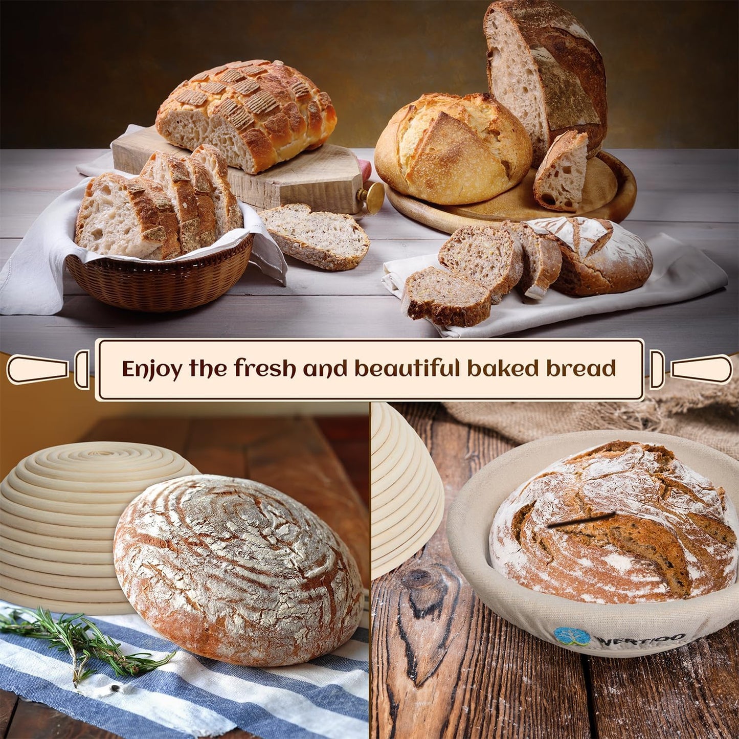 Sourdough Bread Baking Supplies, Sourdough Starter Kit, 2 9 Inch Round Banneton Bread Proofing Basket with 24 Oz Glass Jar, Sour Dough Tools with Danish Dough Whisk & Scraper