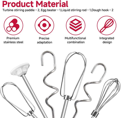 Hand Mixer Attachments Beater for Kitchenaid Hand Mixers KHM3 KHM5 KHM7 KHM9, Including Whisk, Mixing Rod and Dough Hook, Stainless Steel Hand Mixer Accessories (Set of 6)