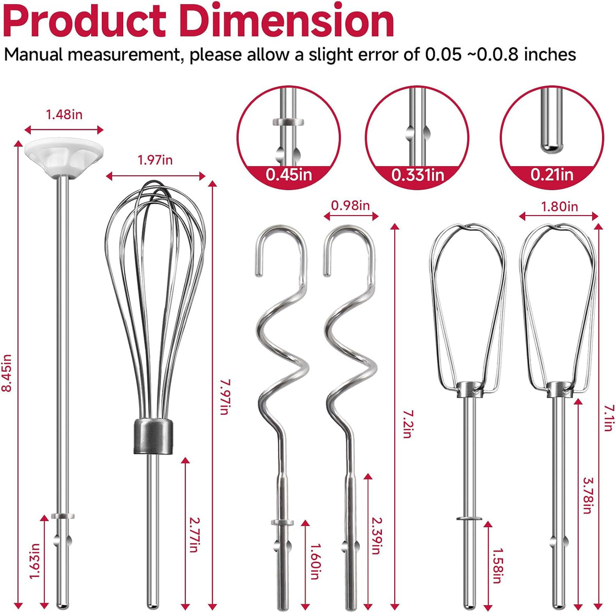Hand Mixer Attachments Beater for Kitchenaid Hand Mixers KHM3 KHM5 KHM7 KHM9, Including Whisk, Mixing Rod and Dough Hook, Stainless Steel Hand Mixer Accessories (Set of 6)