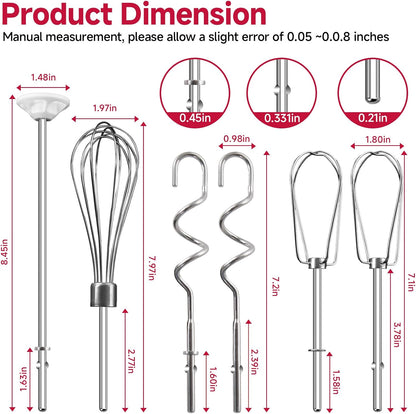 Hand Mixer Attachments Beater for Kitchenaid Hand Mixers KHM3 KHM5 KHM7 KHM9, Including Whisk, Mixing Rod and Dough Hook, Stainless Steel Hand Mixer Accessories (Set of 6)
