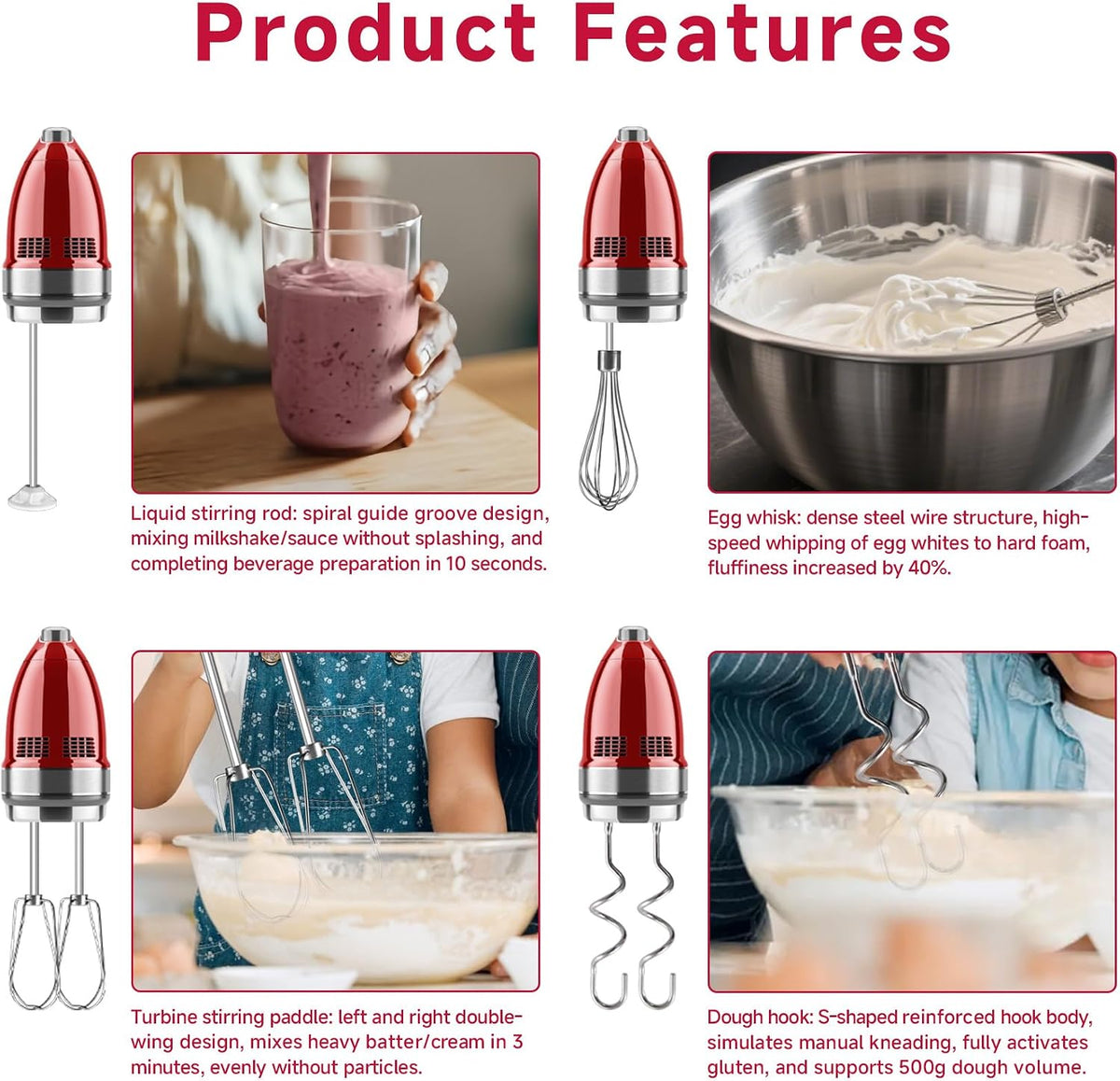 Hand Mixer Attachments Beater for Kitchenaid Hand Mixers KHM3 KHM5 KHM7 KHM9, Including Whisk, Mixing Rod and Dough Hook, Stainless Steel Hand Mixer Accessories (Set of 6)