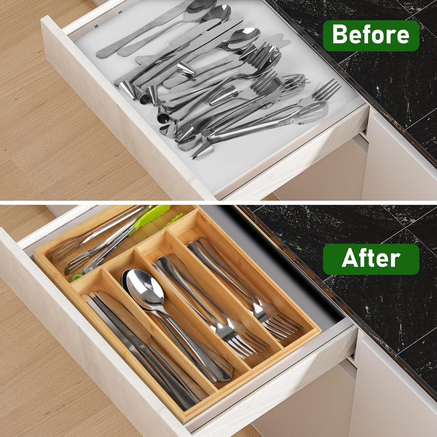 Bamboo Kitchen Drawer Organizer, 9.5 Inch Silverware Tray for Small Drawer, Utensil Organizer for Cutlery, Fork, Spoon Storage (5 Slots, Natural)