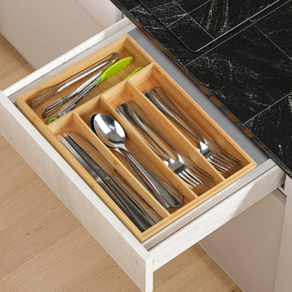 Bamboo Kitchen Drawer Organizer, 9.5 Inch Silverware Tray for Small Drawer, Utensil Organizer for Cutlery, Fork, Spoon Storage (5 Slots, Natural)
