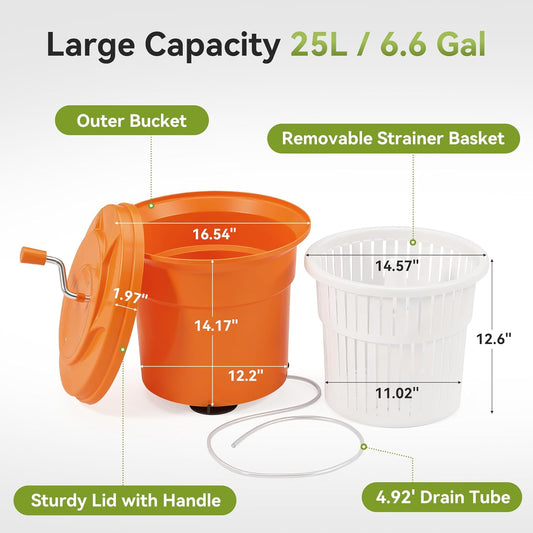 Commercial Salad Spinner, 6.6 Gal / 26.42 Qt Salad Spinner with 4.92 ft Drain Tube & Anti-Slip Feet, Large Manual Lettuce Spinner for Catering, Home, Farm