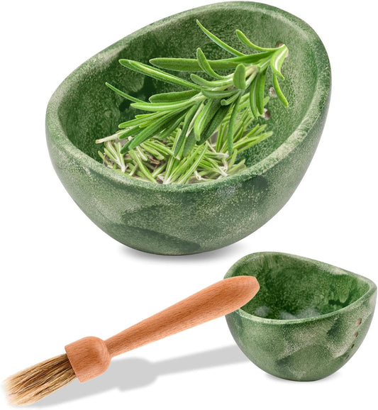 Pottery Herb Stripper Bowl, Small Handmade Resin Herb Stripper, Ceramic Herbs Grinder Pill Crusher Set Parsley Thyme Rosemary, for Pill Crusher, Spice, with Multi Size Holes(Color:Green)
