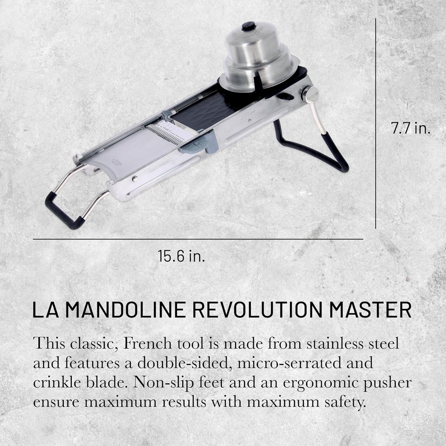 LA MANDOLINE REVOLUTION MASTER - Removable, Double-Sided Stainless Steel Blade - Ideal for Cutting, Shredding, Dicing & Cubing - Includes 6 Julienne Blades & Extra Pusher - Made in France