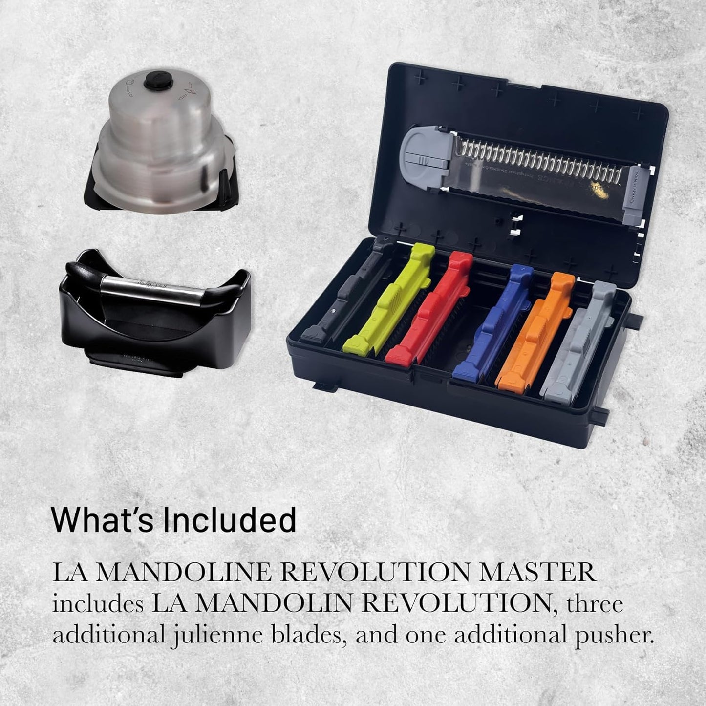LA MANDOLINE REVOLUTION MASTER - Removable, Double-Sided Stainless Steel Blade - Ideal for Cutting, Shredding, Dicing & Cubing - Includes 6 Julienne Blades & Extra Pusher - Made in France