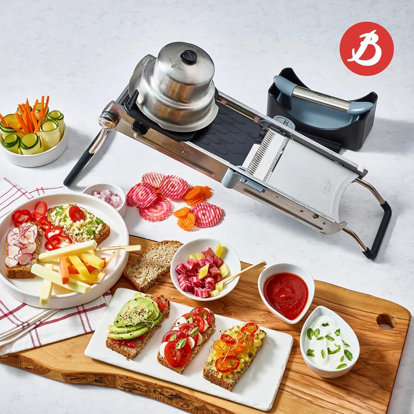 LA MANDOLINE REVOLUTION MASTER - Removable, Double-Sided Stainless Steel Blade - Ideal for Cutting, Shredding, Dicing & Cubing - Includes 6 Julienne Blades & Extra Pusher - Made in France