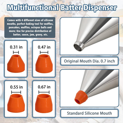 Pancake Batter Dispenser, 20oz Multi-Caliber Stainless Steel Funnel Cake Dispenser with Stand for Pancakes, Cupcakes Any Baked Goods