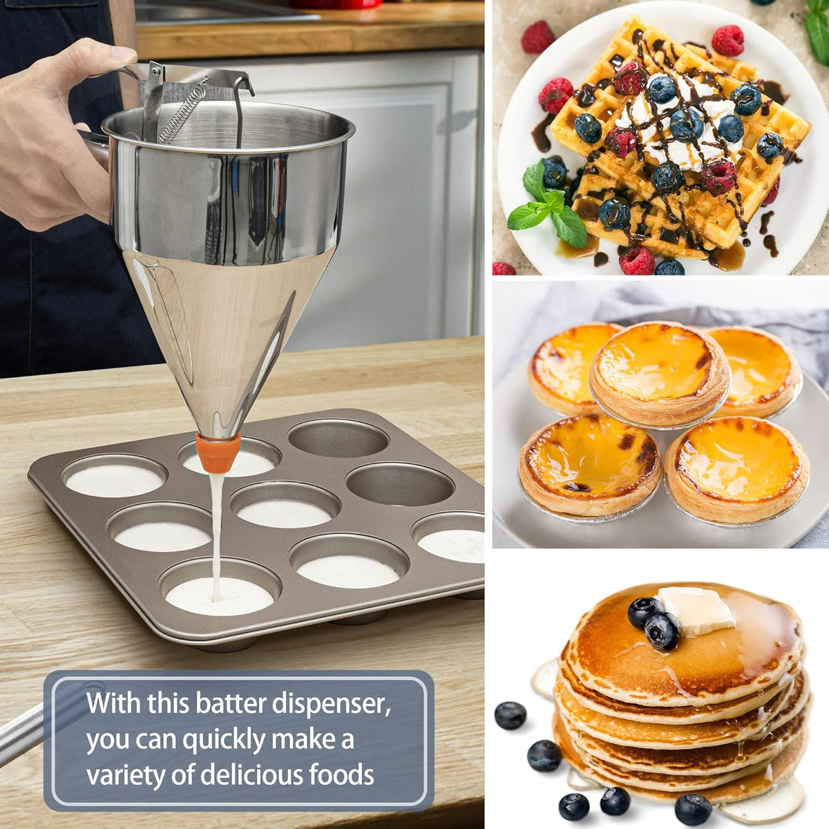 Pancake Batter Dispenser, 20oz Multi-Caliber Stainless Steel Funnel Cake Dispenser with Stand for Pancakes, Cupcakes Any Baked Goods