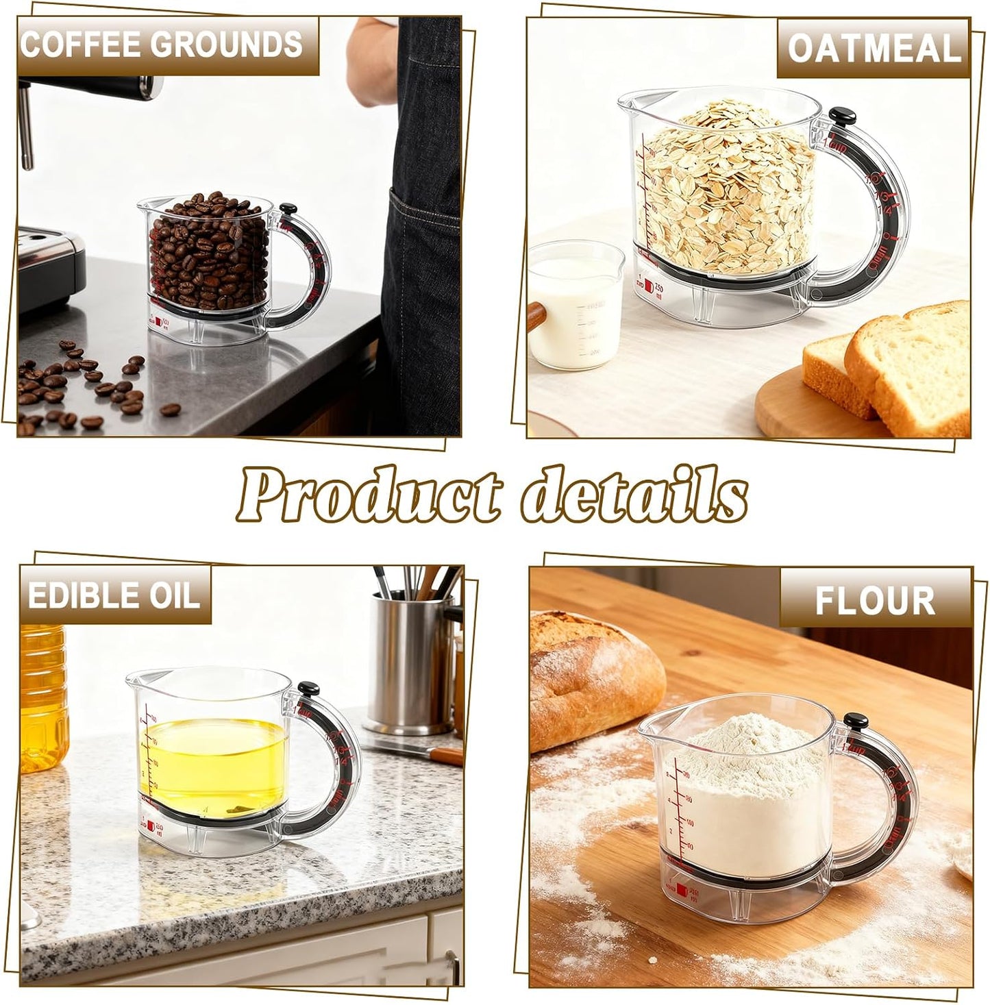 4-in-1 Adjustable Measuring Cup - Multi-Functional Measuring Cup, with Adjustable Base & Scraper-Style Seal Base, Space-Saving Easy to Clean for Cooking and Baking & Ingredients