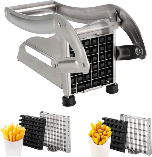 French Fry Cutter - Potato Cutter with Two Blades for Steak and Shoestring Cuts - Stainless Steel Potato Slicer with Non-Slip Suction Cups - Cooking Gadgets