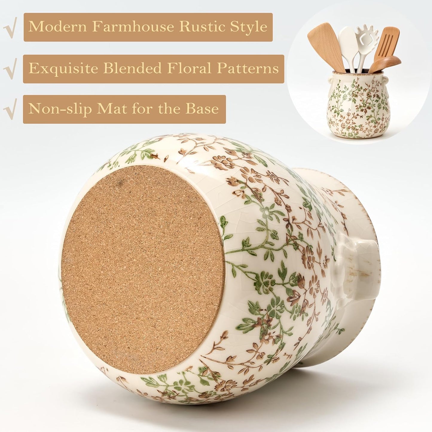 Utensil Holder for Kitchen Counter, Modern Farmhouse Rustic Cooking Utensil Holder and Crock, Exquisite Chinoiserie Floral Ceramic Utensil Organizer for Home Kitchen Decor- Green and Beige
