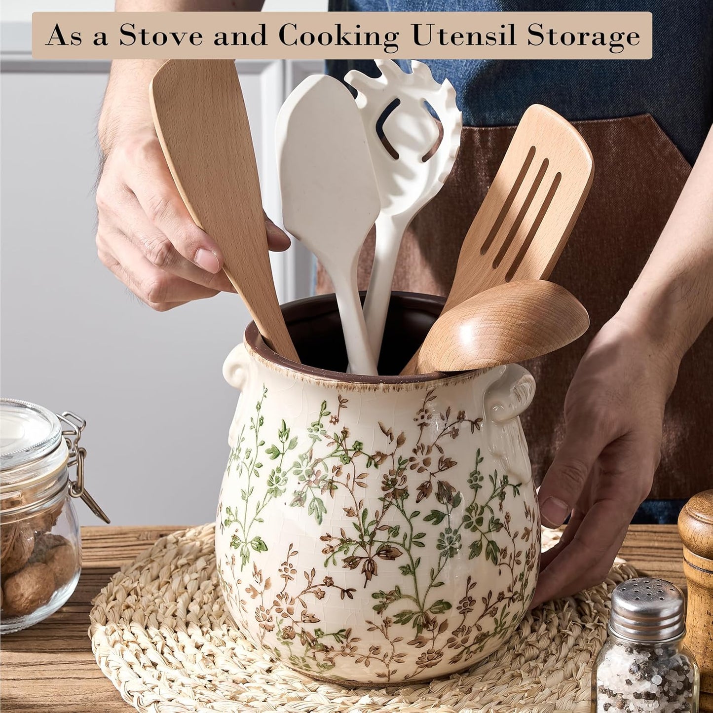 Utensil Holder for Kitchen Counter, Modern Farmhouse Rustic Cooking Utensil Holder and Crock, Exquisite Chinoiserie Floral Ceramic Utensil Organizer for Home Kitchen Decor- Green and Beige