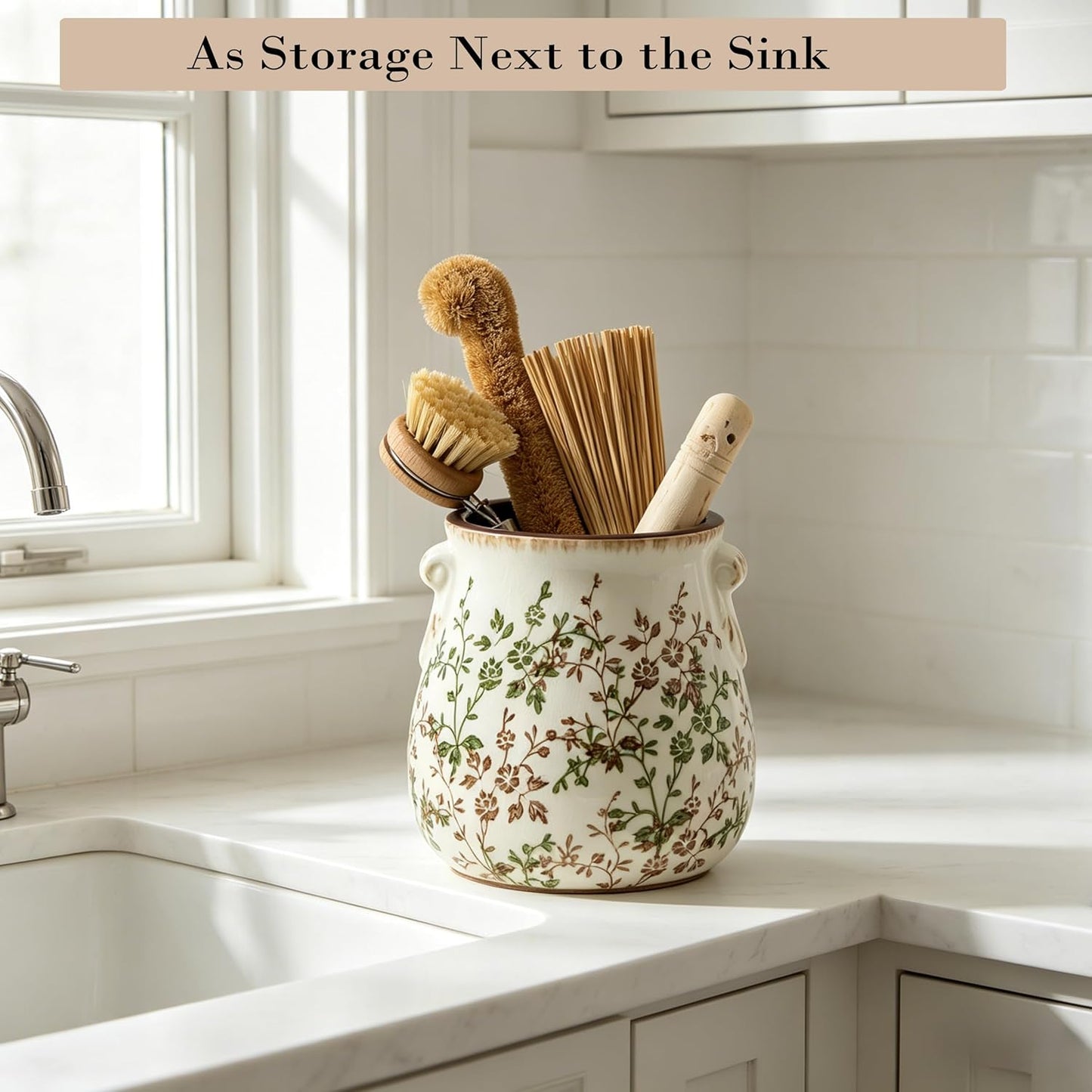 Utensil Holder for Kitchen Counter, Modern Farmhouse Rustic Cooking Utensil Holder and Crock, Exquisite Chinoiserie Floral Ceramic Utensil Organizer for Home Kitchen Decor- Green and Beige