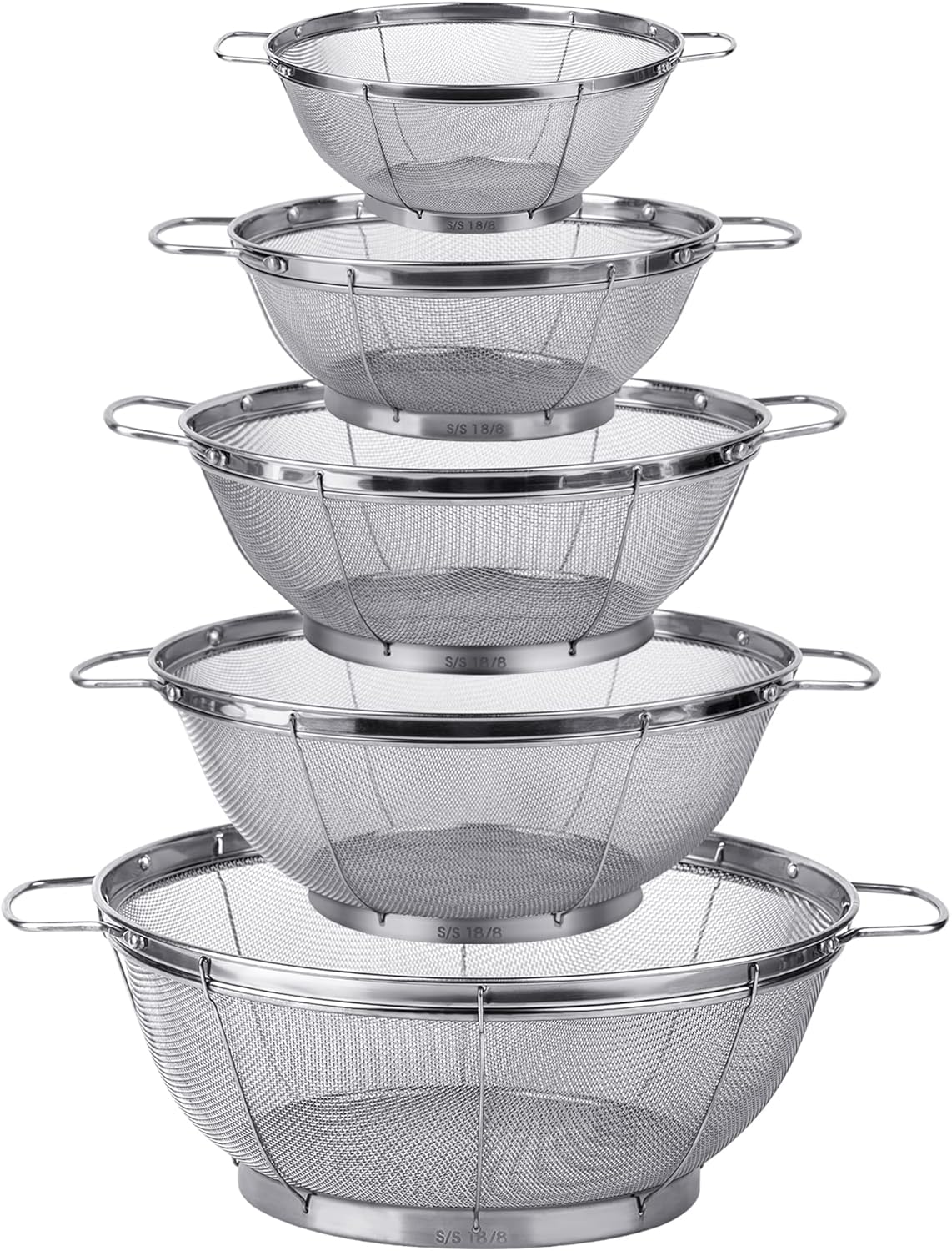 5 Pack 18/8 Stainless Steel Colander Sieves, Multi Size Mesh Strainer Net Baskets with Handles & Resting Base for Strain, Drain, Rinse or Steam