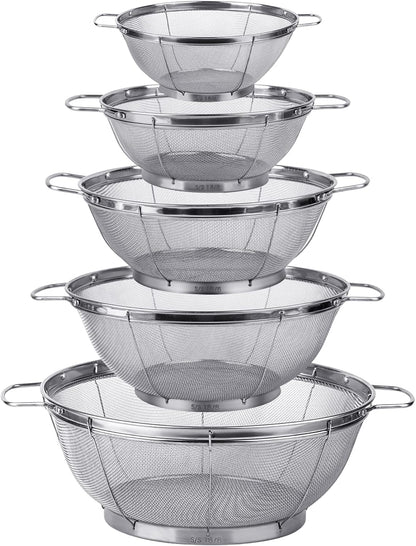 5 Pack 18/8 Stainless Steel Colander Sieves, Multi Size Mesh Strainer Net Baskets with Handles & Resting Base for Strain, Drain, Rinse or Steam
