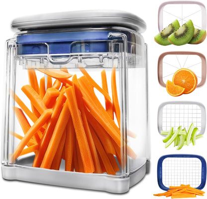 4-in-1 French Fry Cutter Potato Slicer with Container Manual Vegetable Chopper with 4 Blades Potato Cutter for Fries Apple Slicer & Onion Dicer