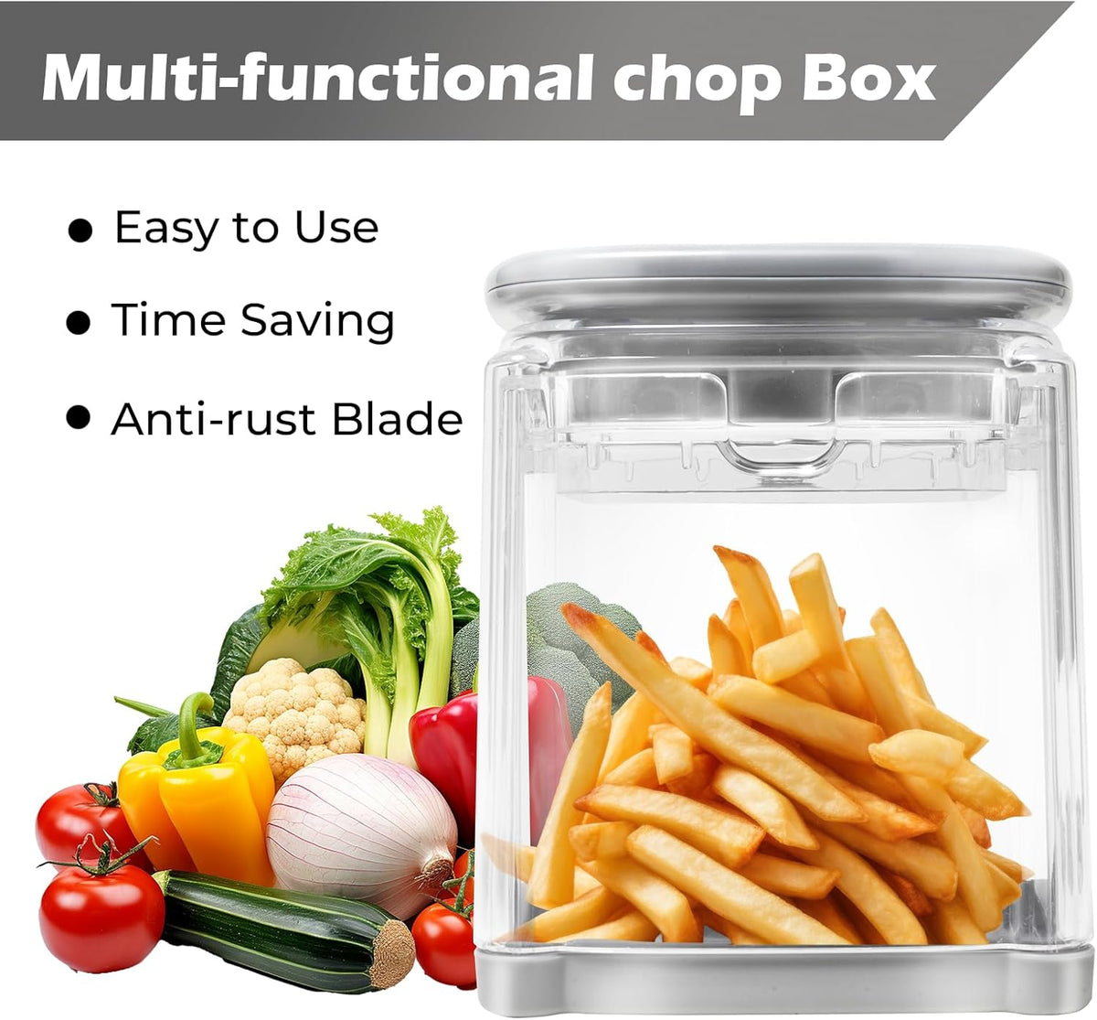 4-in-1 French Fry Cutter Potato Slicer with Container Manual Vegetable Chopper with 4 Blades Potato Cutter for Fries Apple Slicer & Onion Dicer