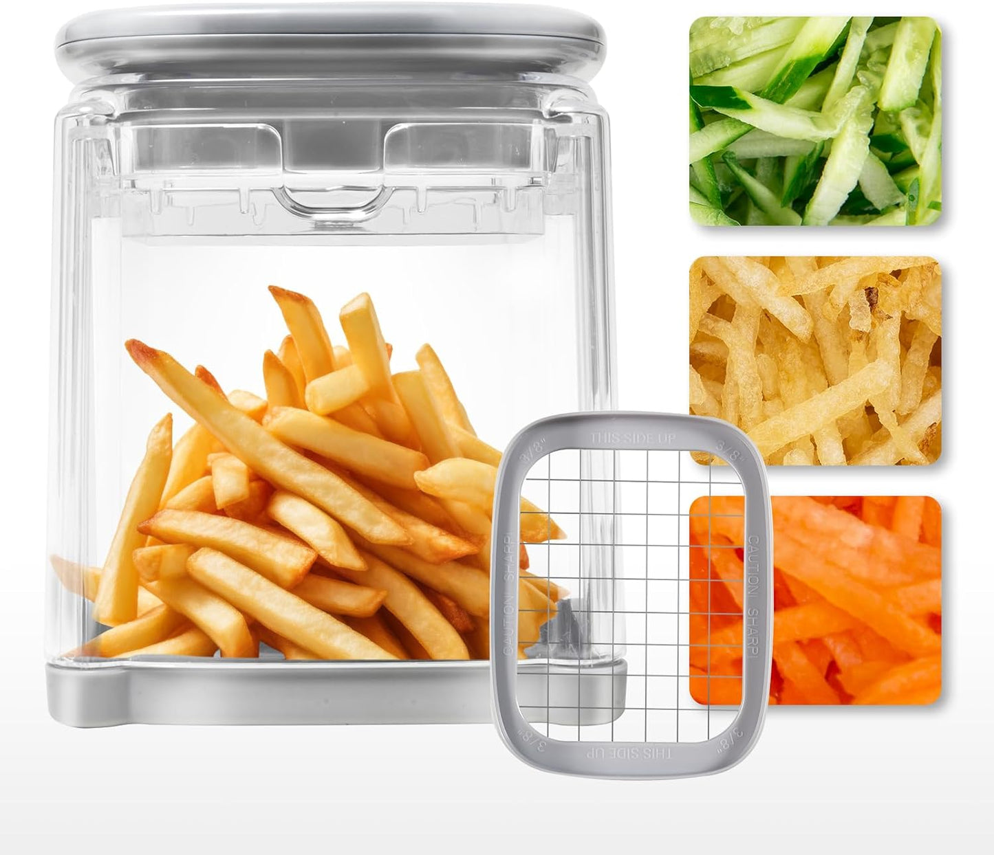 4-in-1 French Fry Cutter Potato Slicer with Container Manual Vegetable Chopper with 4 Blades Potato Cutter for Fries Apple Slicer & Onion Dicer