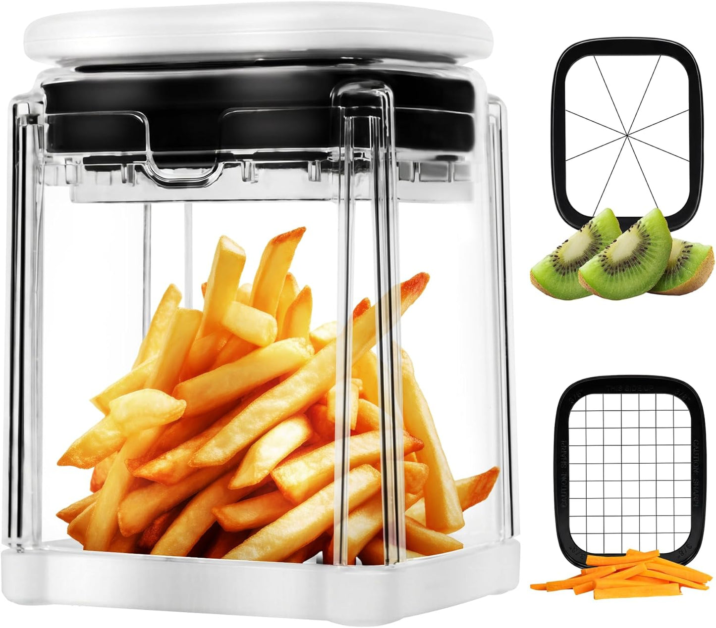4-in-1 French Fry Cutter Potato Slicer with Container Manual Vegetable Chopper with 4 Blades Potato Cutter for Fries Apple Slicer & Onion Dicer