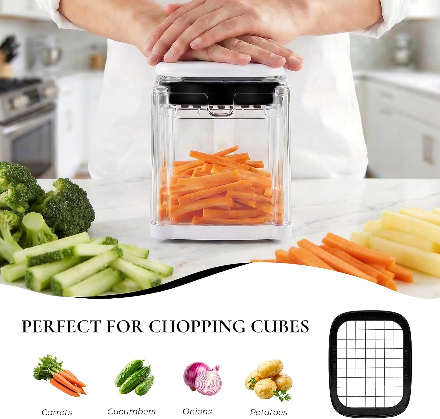 4-in-1 French Fry Cutter Potato Slicer with Container Manual Vegetable Chopper with 4 Blades Potato Cutter for Fries Apple Slicer & Onion Dicer