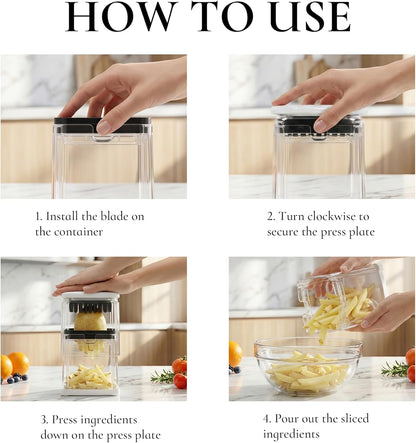 4-in-1 French Fry Cutter Potato Slicer with Container Manual Vegetable Chopper with 4 Blades Potato Cutter for Fries Apple Slicer & Onion Dicer