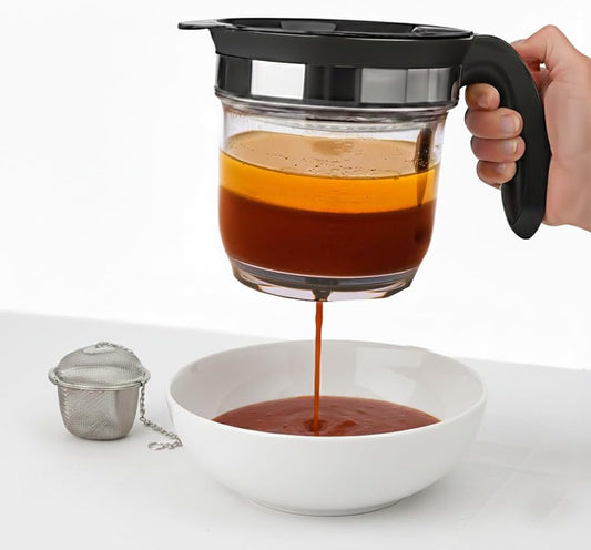 Fat Separator 1000ml with Bottom Release – Gravy & Grease Separator with Strainer for Easy Pouring, Durable Kitchen Tool with Tea Infuser Included