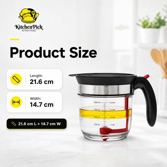 Fat Separator 1000ml with Bottom Release – Gravy & Grease Separator with Strainer for Easy Pouring, Durable Kitchen Tool with Tea Infuser Included