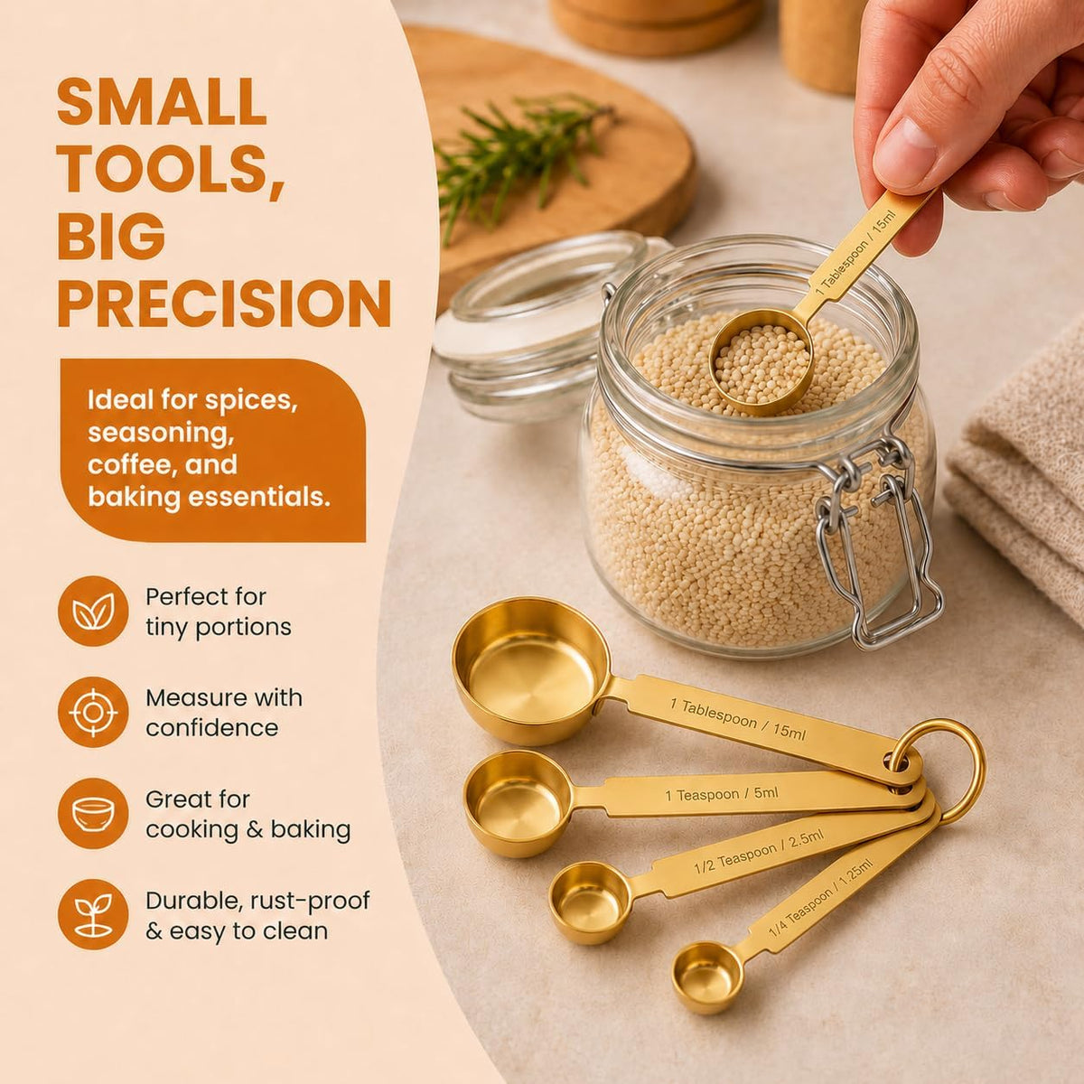 Gold Measuring Cups and Spoons Set, 8 Piece Stainless Steel Measuring Cup and Spoon Set for Baking and Cooking, Stackable Gold Kitchen Measuring Utensils for Dry and Liquid Ingredients