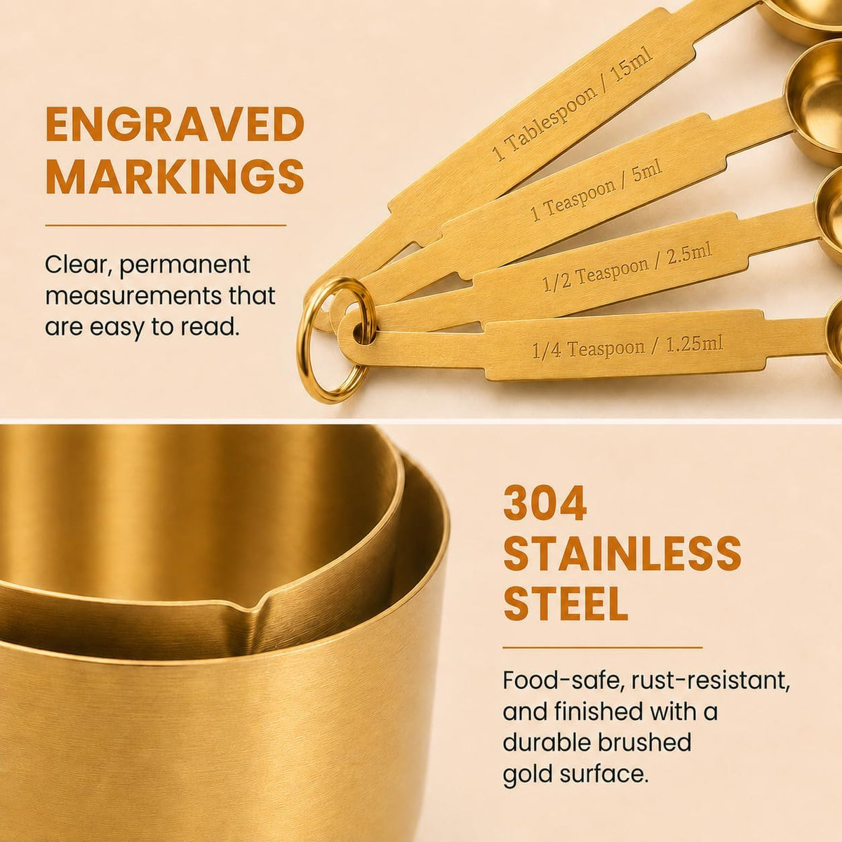 Gold Measuring Cups and Spoons Set, 8 Piece Stainless Steel Measuring Cup and Spoon Set for Baking and Cooking, Stackable Gold Kitchen Measuring Utensils for Dry and Liquid Ingredients