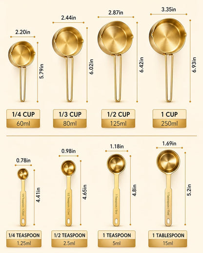 Gold Measuring Cups and Spoons Set, 8 Piece Stainless Steel Measuring Cup and Spoon Set for Baking and Cooking, Stackable Gold Kitchen Measuring Utensils for Dry and Liquid Ingredients