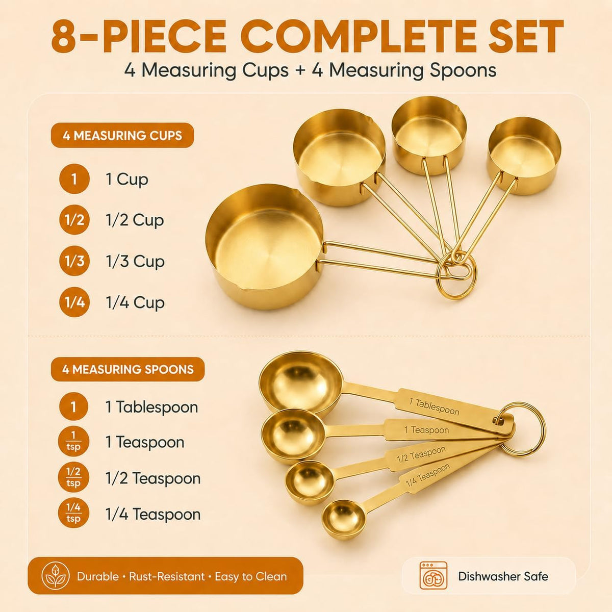 Gold Measuring Cups and Spoons Set, 8 Piece Stainless Steel Measuring Cup and Spoon Set for Baking and Cooking, Stackable Gold Kitchen Measuring Utensils for Dry and Liquid Ingredients