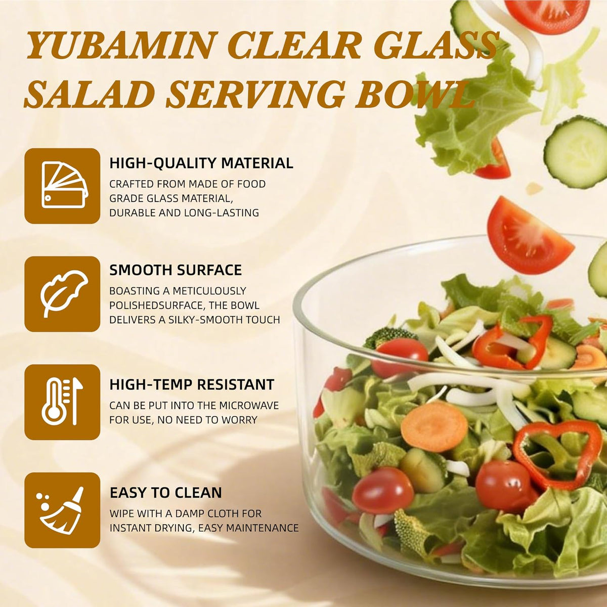 Glass Salad Bowl with Lid, 9.8" Large Glass Mixing Bowls with Acacia Wood Lids Set & Serving Utensils, 200oz Trifle and Serving Bowl for Salads, Fruit, Pasta, Dessert, Popcorn, Microwave Safe
