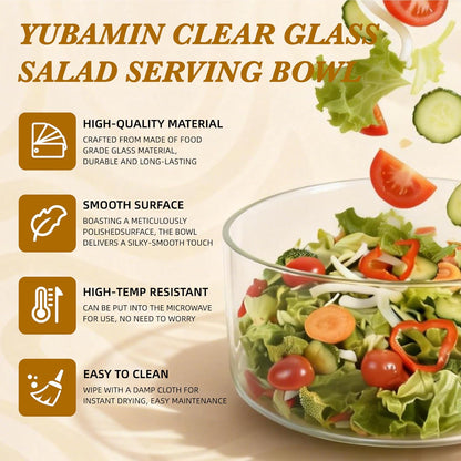 Glass Salad Bowl with Lid, 9.8" Large Glass Mixing Bowls with Acacia Wood Lids Set & Serving Utensils, 200oz Trifle and Serving Bowl for Salads, Fruit, Pasta, Dessert, Popcorn, Microwave Safe