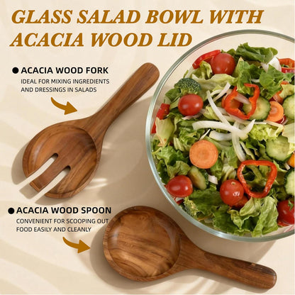 Glass Salad Bowl with Lid, 9.8" Large Glass Mixing Bowls with Acacia Wood Lids Set & Serving Utensils, 200oz Trifle and Serving Bowl for Salads, Fruit, Pasta, Dessert, Popcorn, Microwave Safe