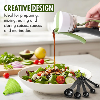 Salad Dressing Shaker Bottle with Manual Spiral Mixer, BPA-Free 200ml Mixing Bottle, Measuring Scale, Measuring Spoons & Collapsible Funnel for Homemade Dressings, Marinades & Sauces