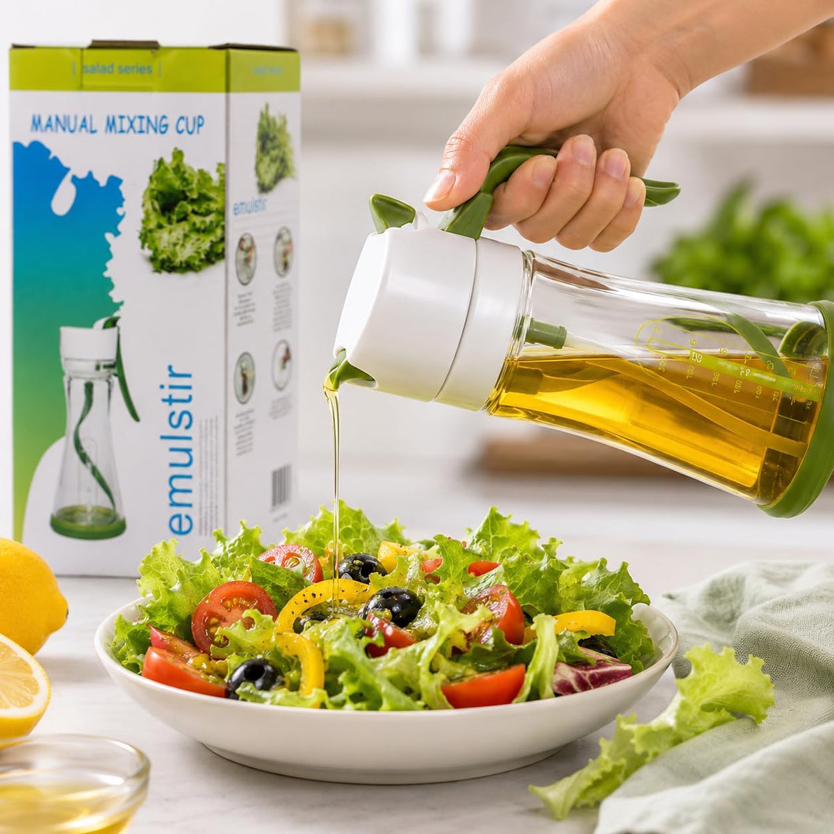 Salad Dressing Shaker Bottle with Manual Spiral Mixer, BPA-Free 200ml Mixing Bottle, Measuring Scale, Measuring Spoons & Collapsible Funnel for Homemade Dressings, Marinades & Sauces