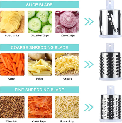 Manual Rotary Cheese Grater Round Vegetable Potato Carrot 3 Interchangeable Cheese Grater Mandoline Slicer with Power Suction Base "Blue"