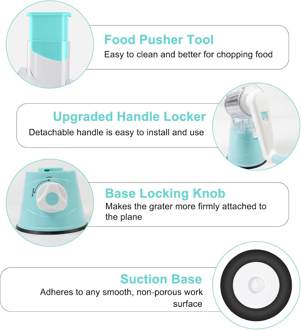 Manual Rotary Cheese Grater Round Vegetable Potato Carrot 3 Interchangeable Cheese Grater Mandoline Slicer with Power Suction Base "Blue"