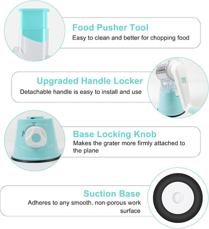 Manual Rotary Cheese Grater Round Vegetable Potato Carrot 3 Interchangeable Cheese Grater Mandoline Slicer with Power Suction Base "Blue"