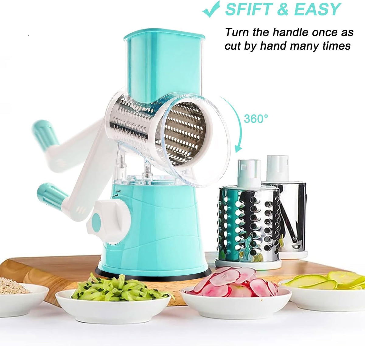Manual Rotary Cheese Grater Round Vegetable Potato Carrot 3 Interchangeable Cheese Grater Mandoline Slicer with Power Suction Base "Blue"