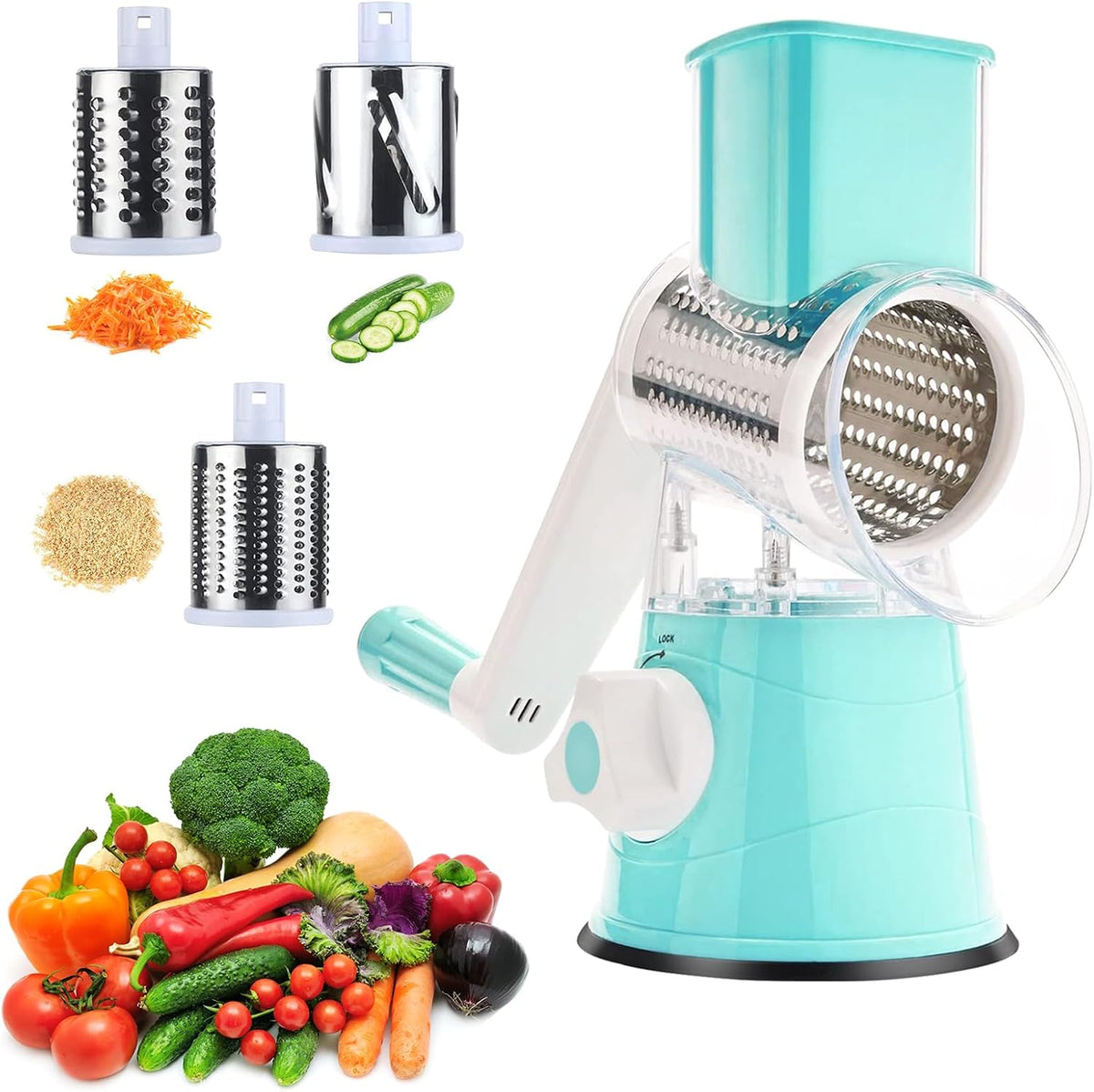 Manual Rotary Cheese Grater Round Vegetable Potato Carrot 3 Interchangeable Cheese Grater Mandoline Slicer with Power Suction Base "Blue"