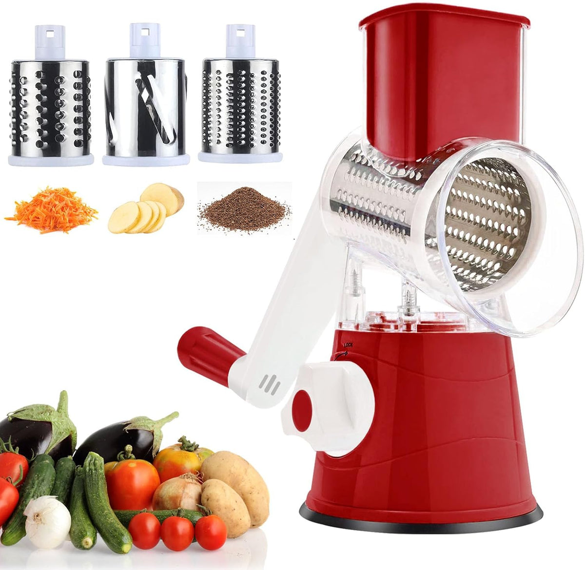 Manual Rotary Cheese Grater Round Vegetable Potato Carrot 3 Interchangeable Cheese Grater Mandoline Slicer with Power Suction Base "Blue"